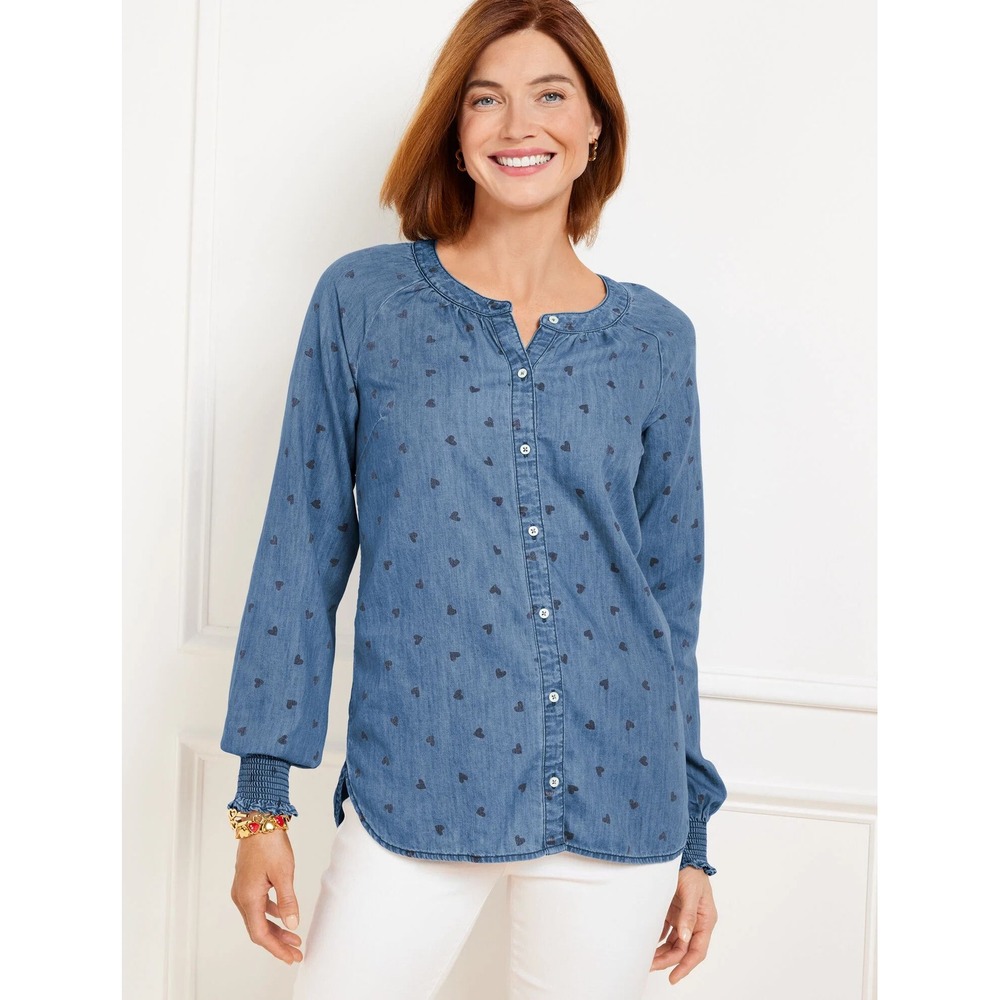 Talbots Heart Print Denim Top Women MP Blue Smocked Cuff Button Front Blouse